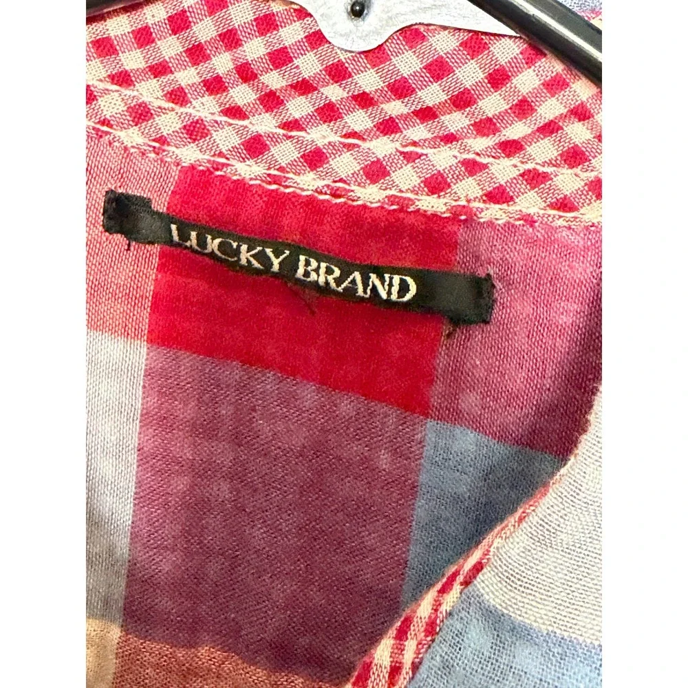 Lucky Brand Women 2XL Plaid Sheer Overlay Button Down Shirt Cotton Pink Burgundy